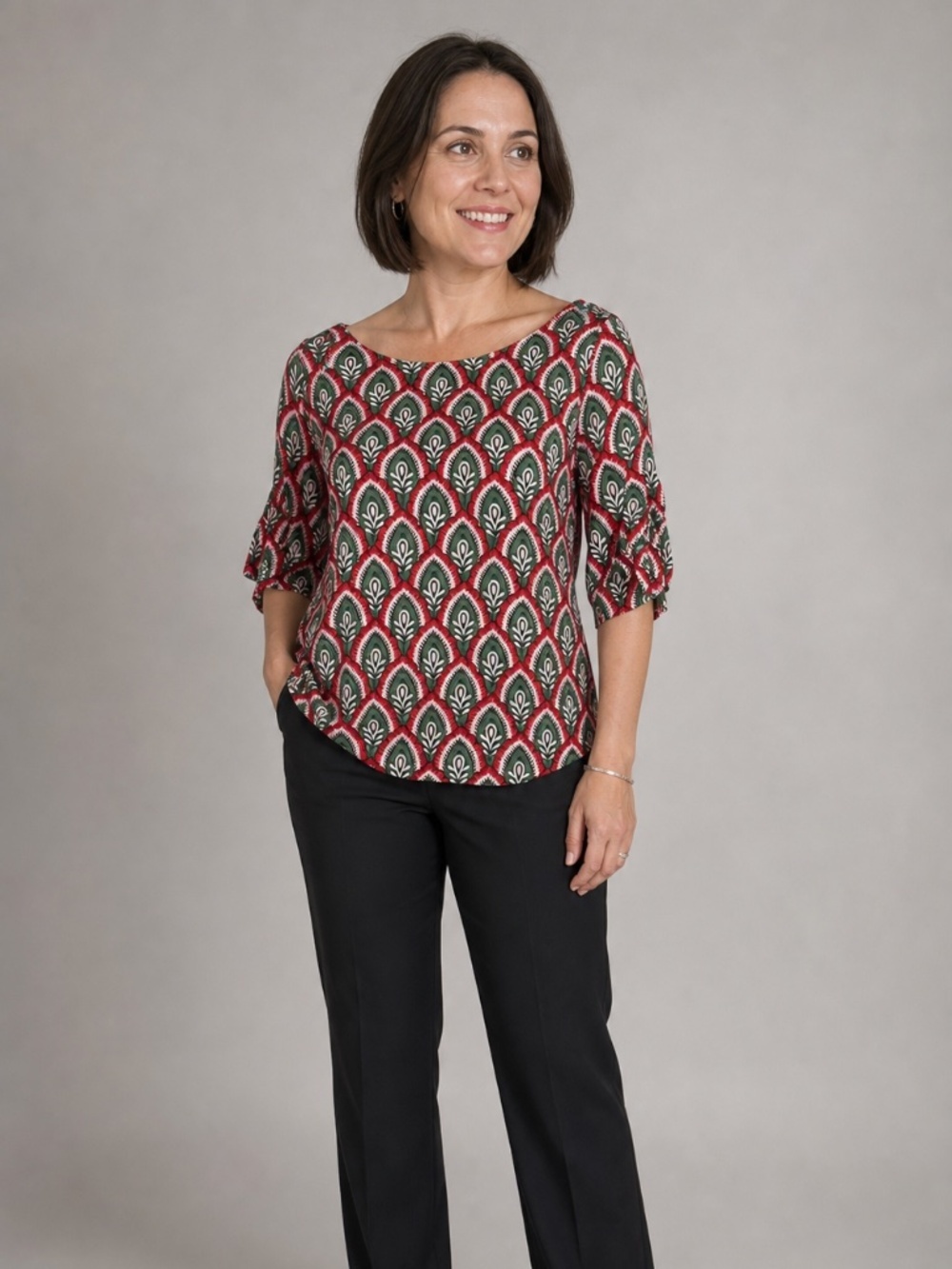 Twik Simons Geometric Peacock Feather Print Blouse 3/4 Flutter Sleeve XS